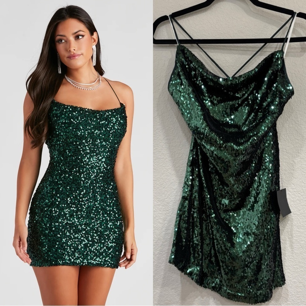 NWT Lulus Emerald Green Sequin Cowl Neck‎ Mini Dress